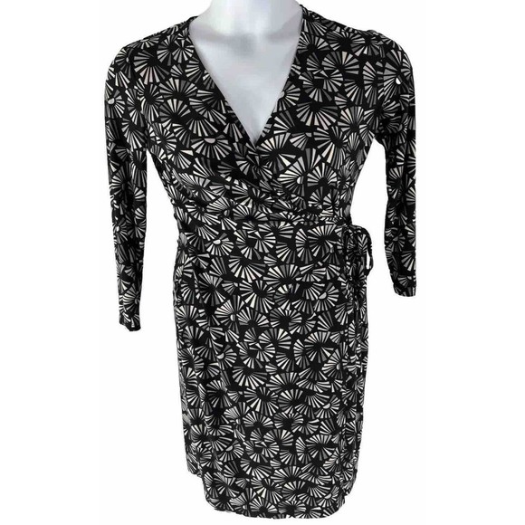 Anne Klein‎ Size Small Black Gray Faux Wrap Dress Geometric Body Con Career - Picture 1 of 11